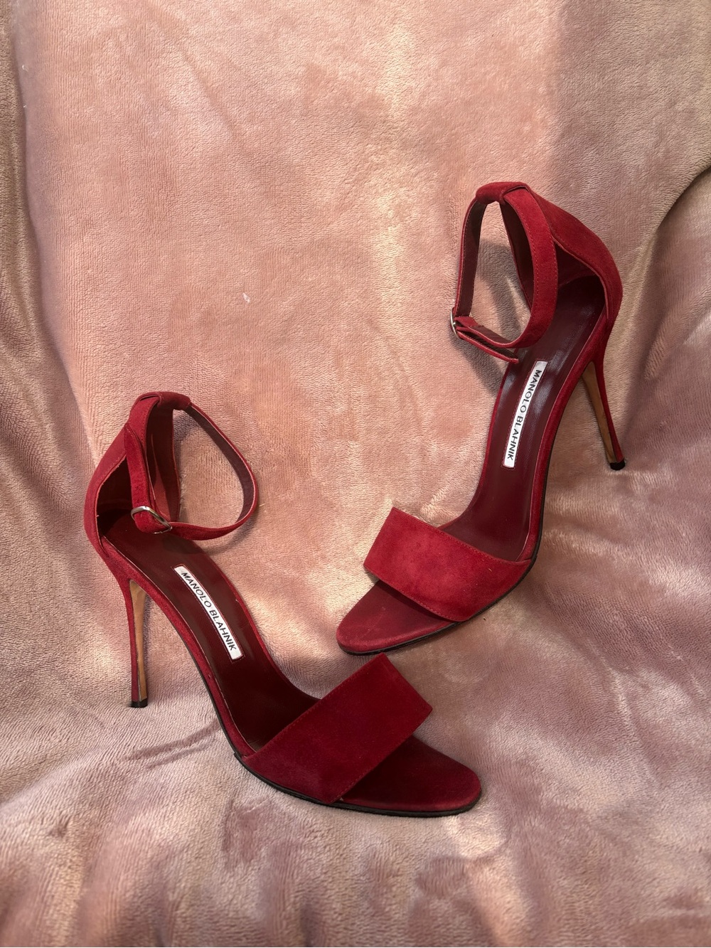 Manolo Blahnik Burgundy Suede Ankle-Strap Stilettos